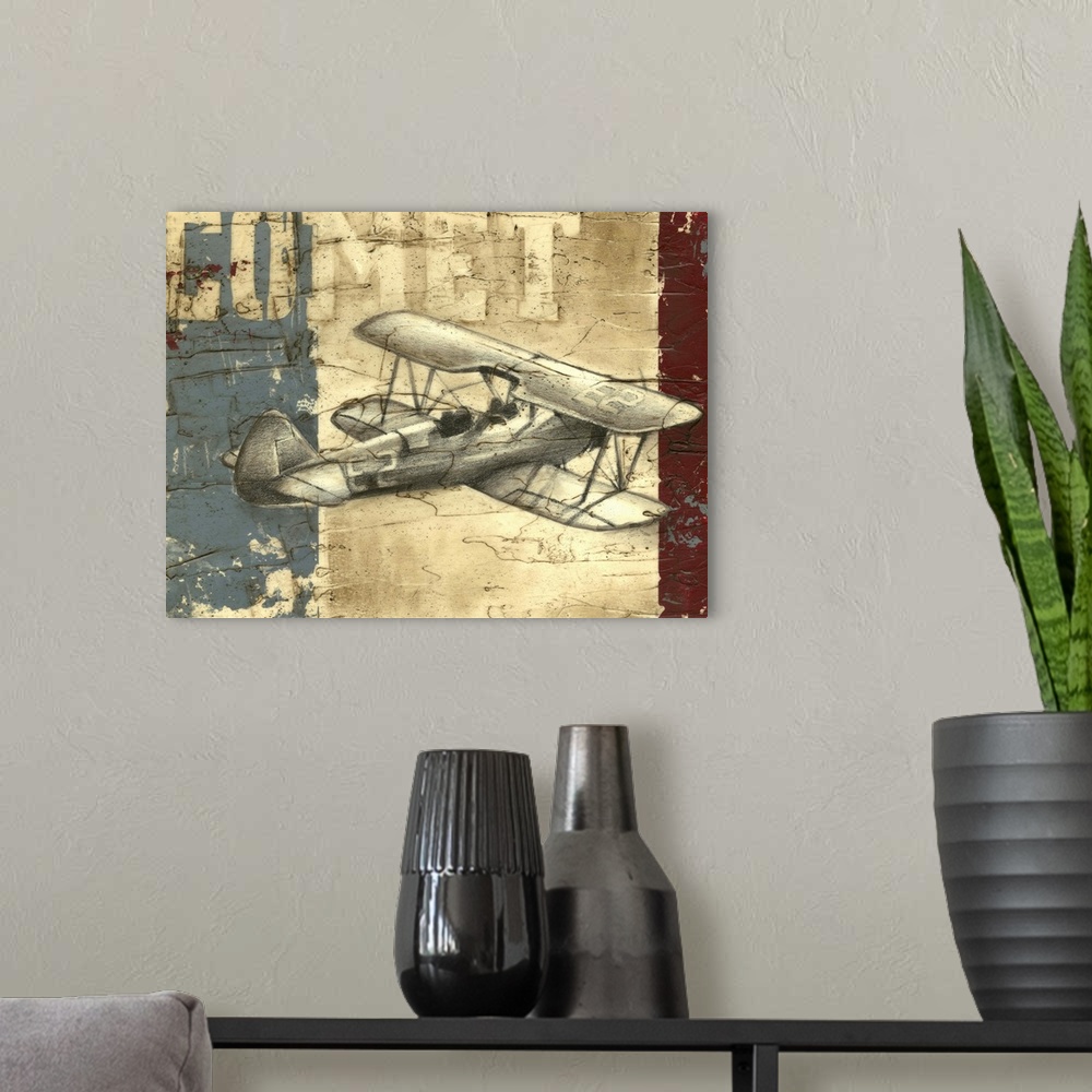 A modern room featuring Contemporary artwork of a vintage airplane against a collage rustic looking background.