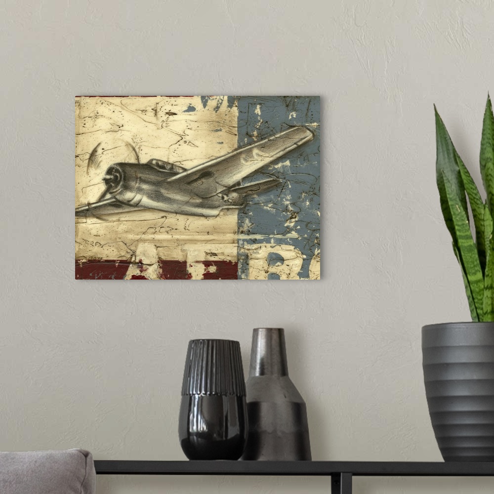 A modern room featuring Contemporary artwork of a vintage airplane against a collage rustic looking background.