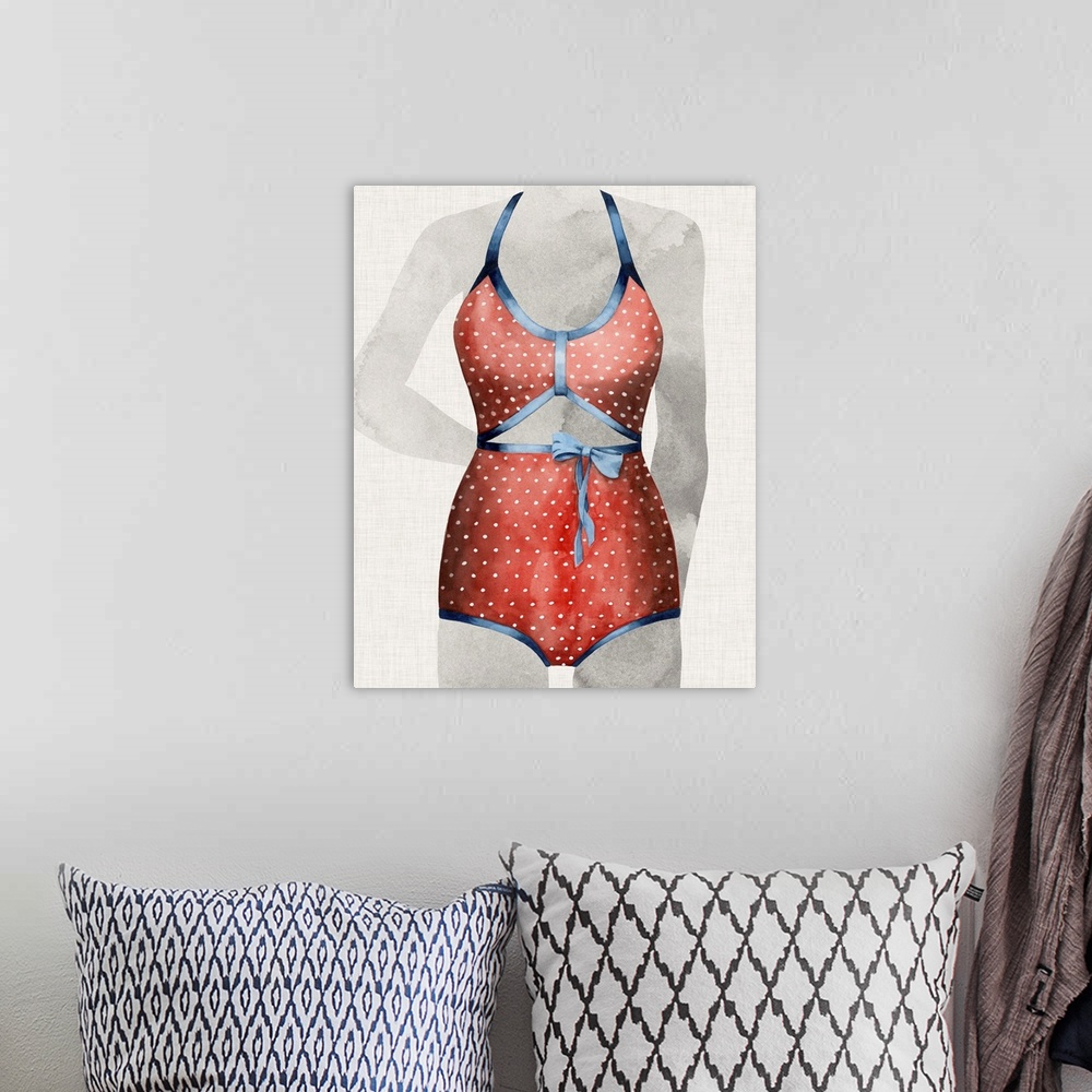 A bohemian room featuring Watercolor painting of a vintage polka dotted bikini.