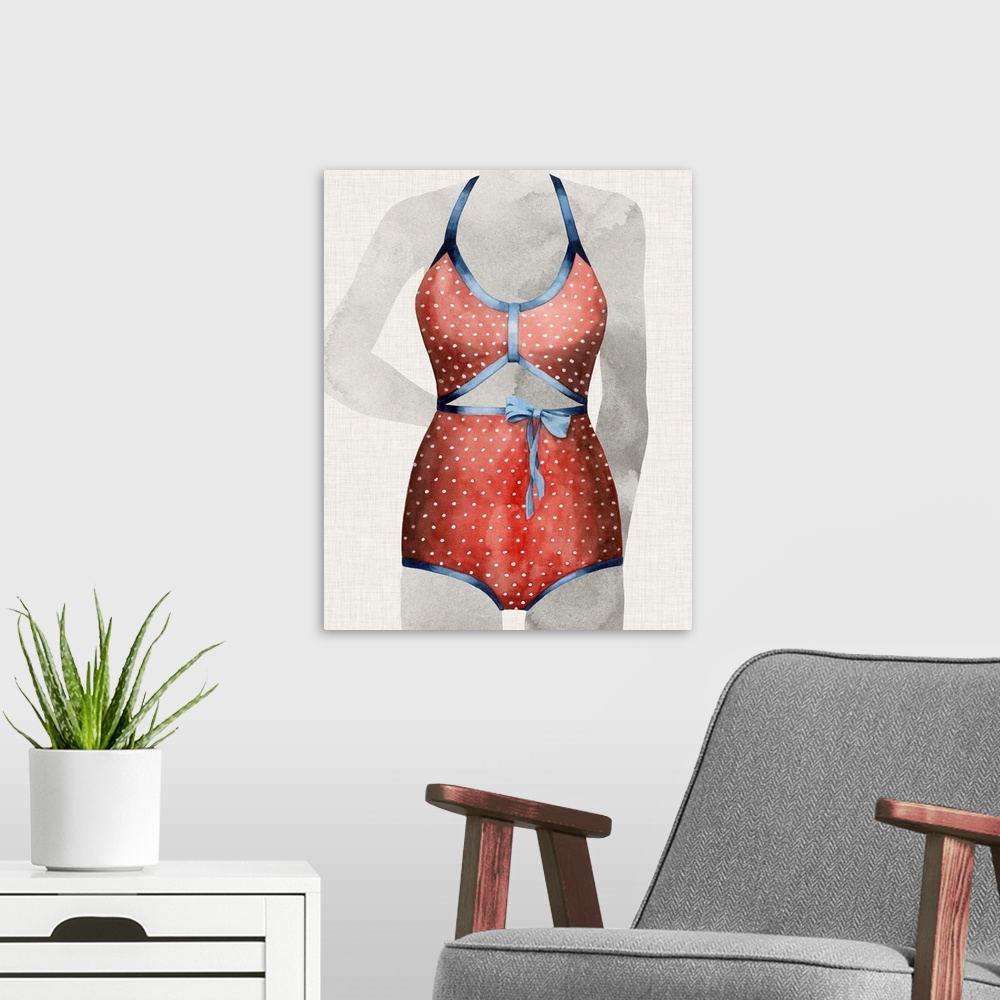 A modern room featuring Watercolor painting of a vintage polka dotted bikini.