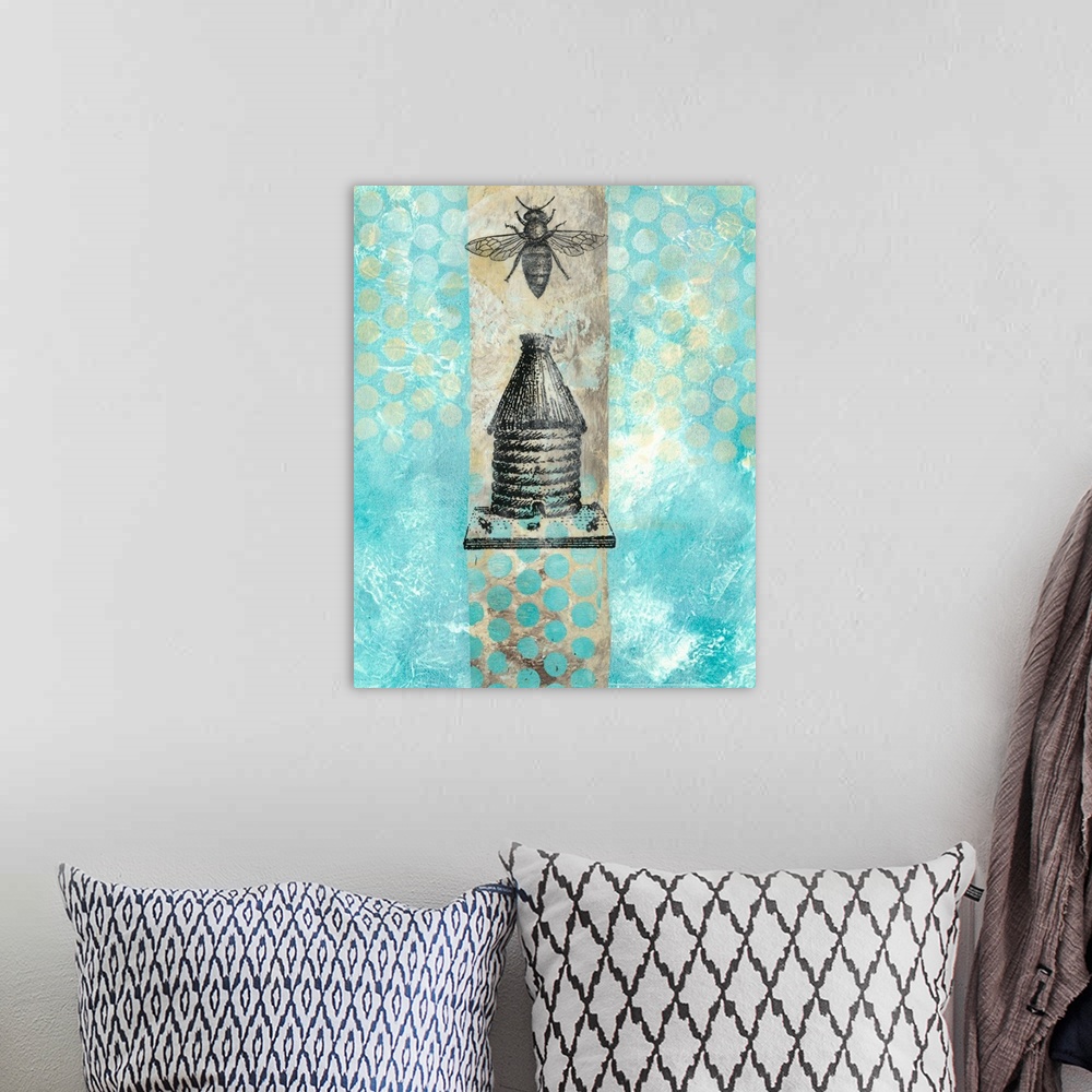A bohemian room featuring Abstract painting in blue shades embellished with vintage bee and beehive illustrations.