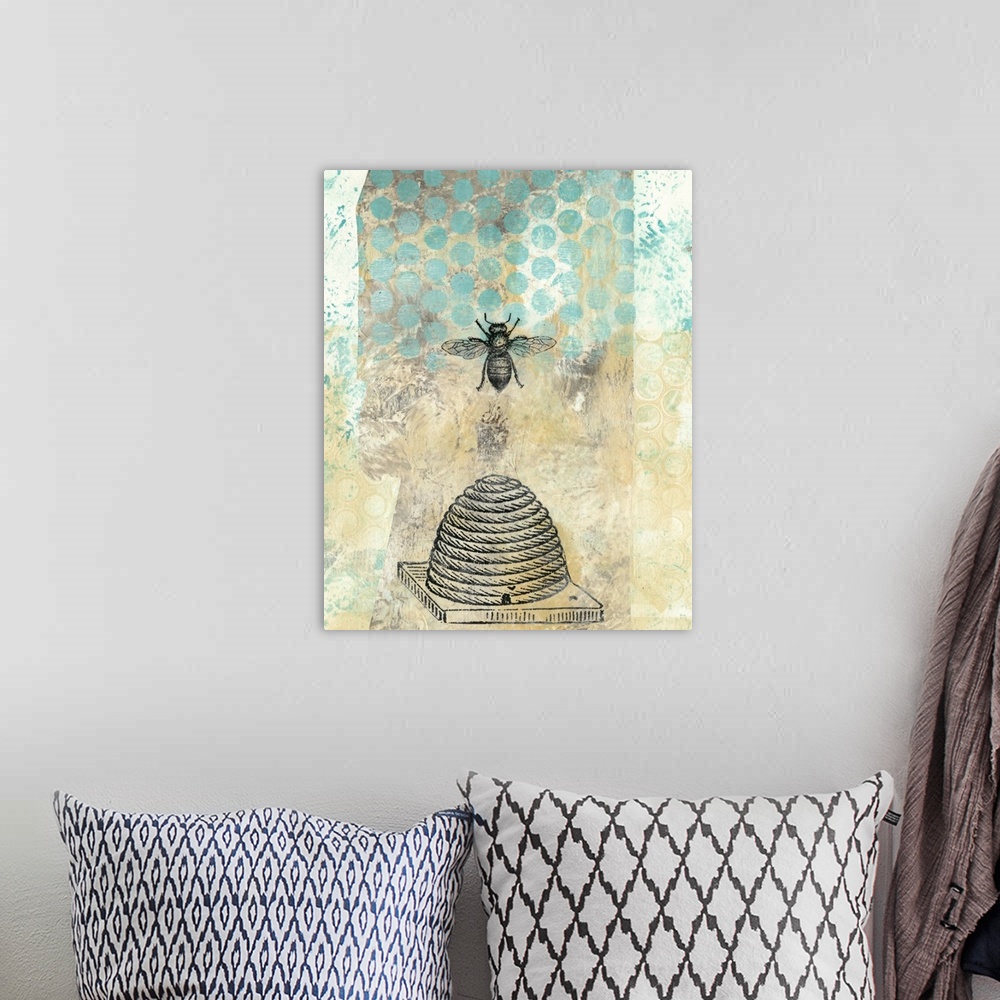 A bohemian room featuring Abstract painting in blue shades embellished with vintage bee and beehive illustrations.