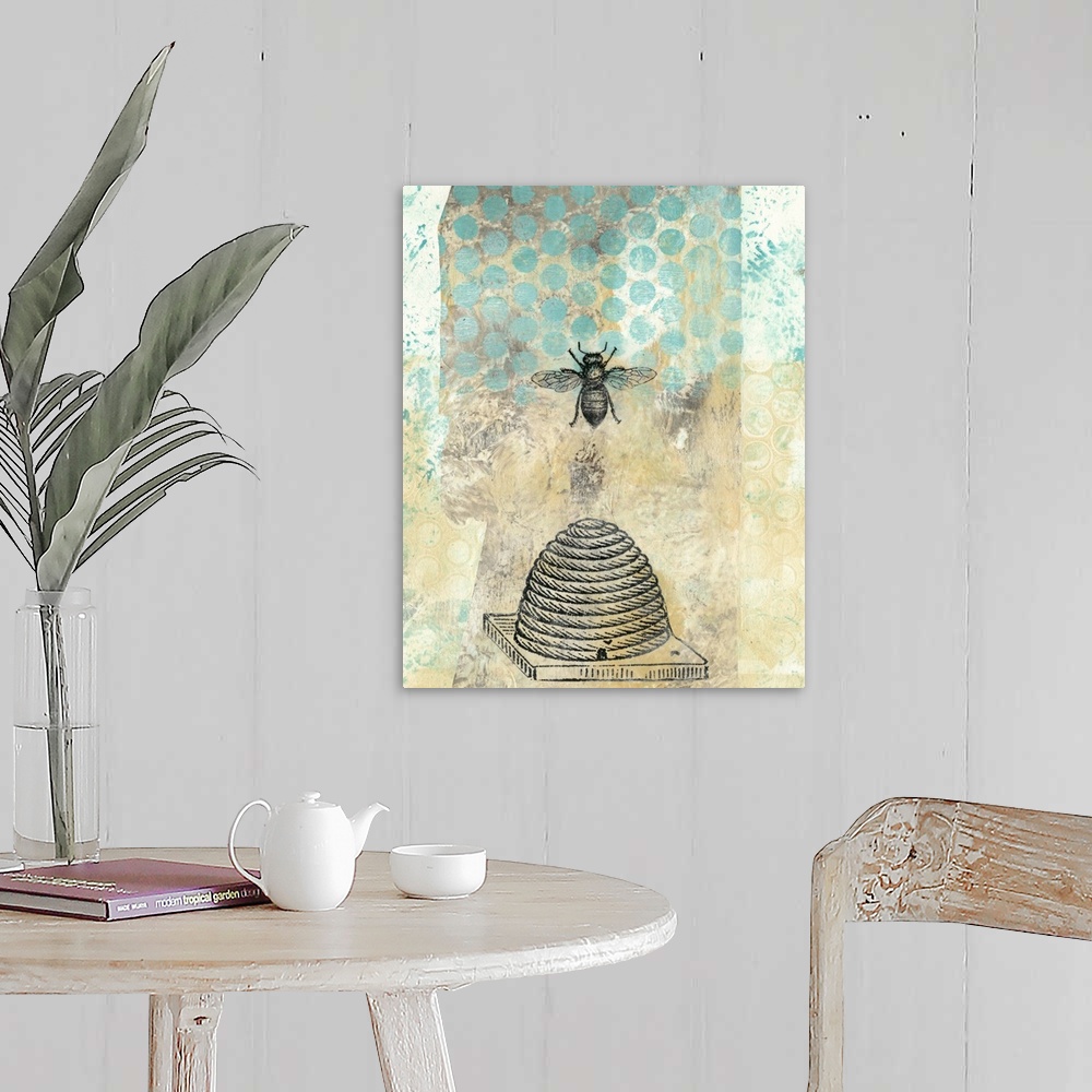 A farmhouse room featuring Abstract painting in blue shades embellished with vintage bee and beehive illustrations.