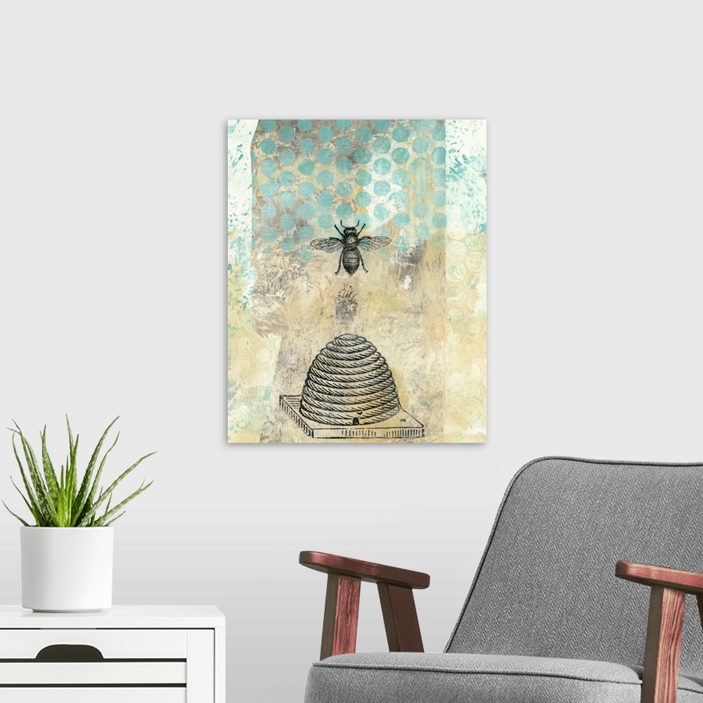 A modern room featuring Abstract painting in blue shades embellished with vintage bee and beehive illustrations.