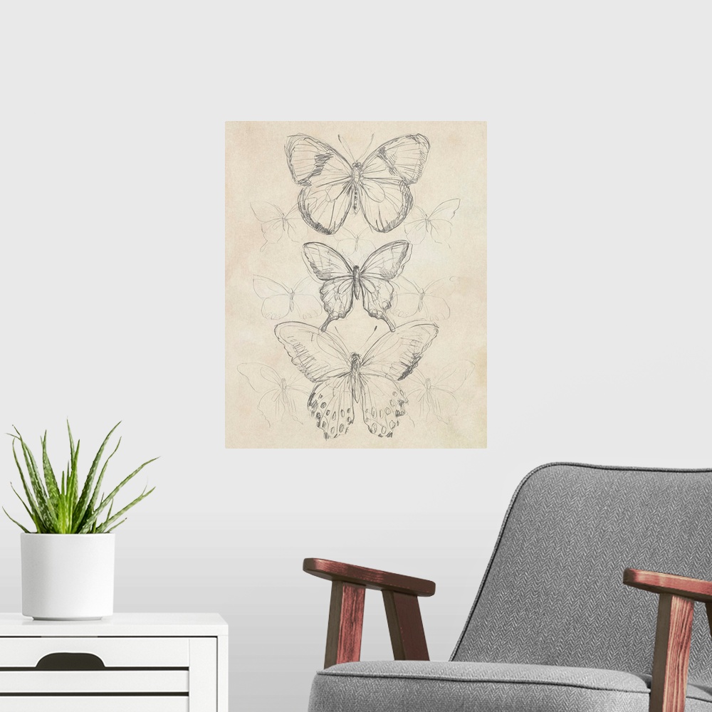 A modern room featuring Vintage Butterfly Sketch I
