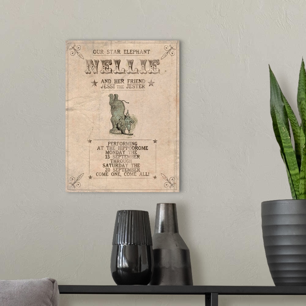 A modern room featuring Vintage-style circus poster advertising Nelly, the Star elephant.