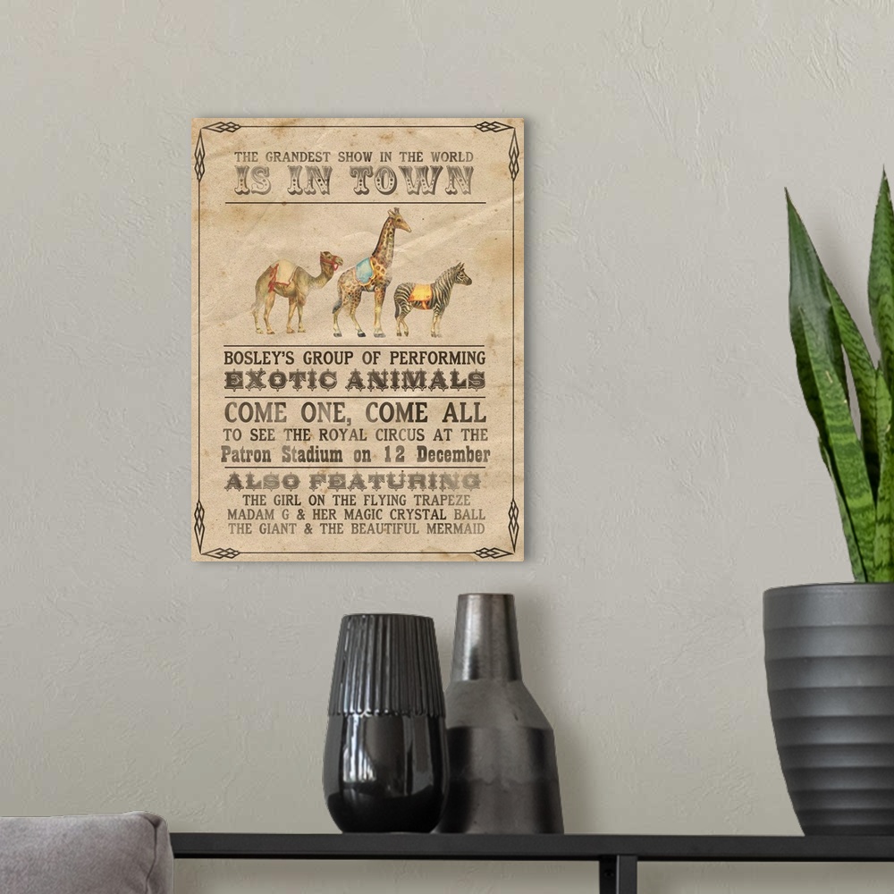 A modern room featuring Vintage-style circus poster advertising exotic animals, such as a camel, giraffe, and zebra.