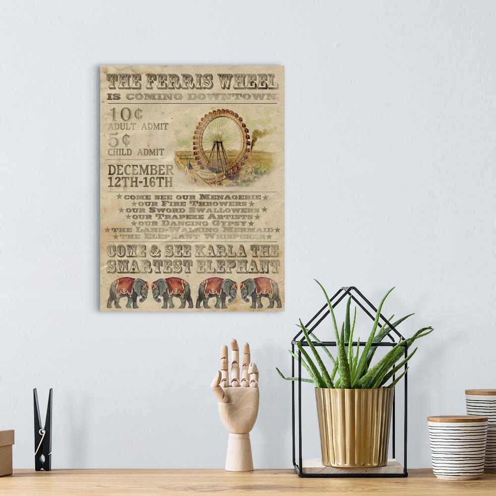 A bohemian room featuring Vintage-style circus poster advertising a ferris wheel and elephants.