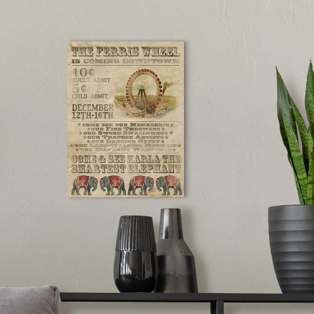 A modern room featuring Vintage-style circus poster advertising a ferris wheel and elephants.