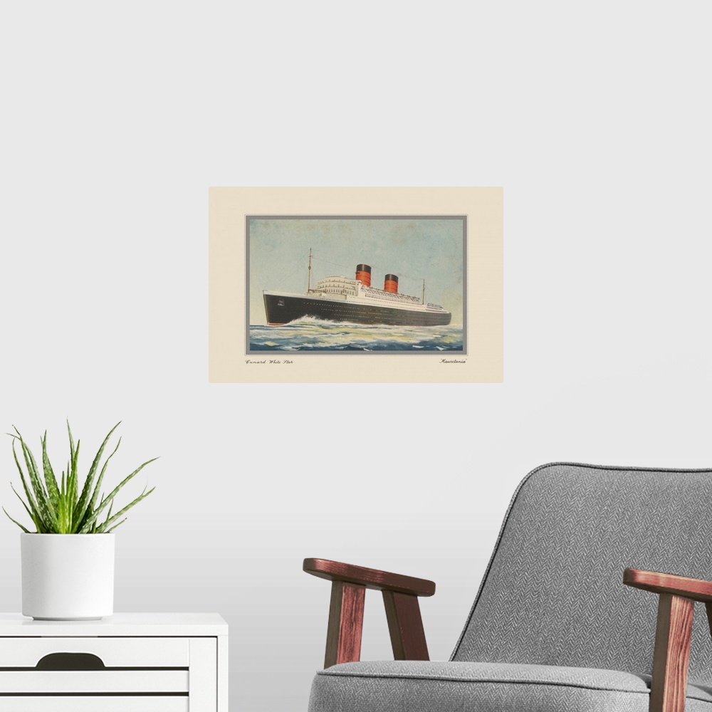 A modern room featuring This vintage artwork features cruise ship named Mauretania, that was operated by a British shippi...