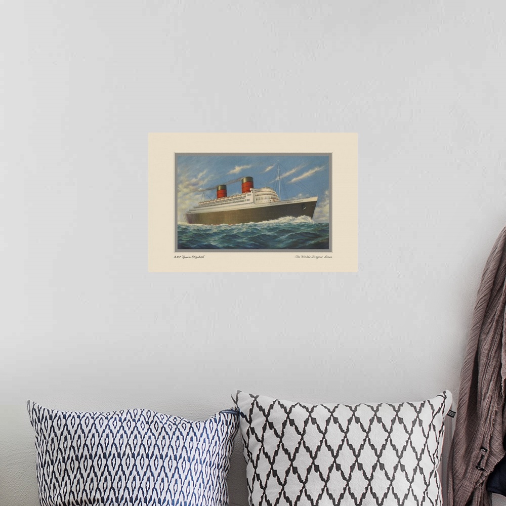 A bohemian room featuring This vintage artwork features ocean liner named R.M.S. Queen Elizabeth, that was operated by Cuna...