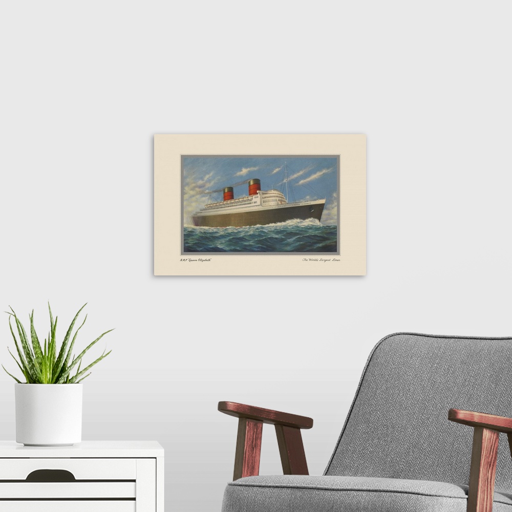 A modern room featuring This vintage artwork features ocean liner named R.M.S. Queen Elizabeth, that was operated by Cuna...