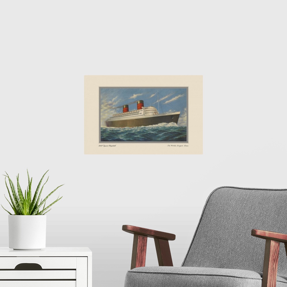A modern room featuring This vintage artwork features ocean liner named R.M.S. Queen Elizabeth, that was operated by Cuna...