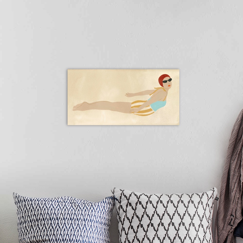 A bohemian room featuring Vintage style illustration of a woman in a trendy bathing suit in mid-dive.