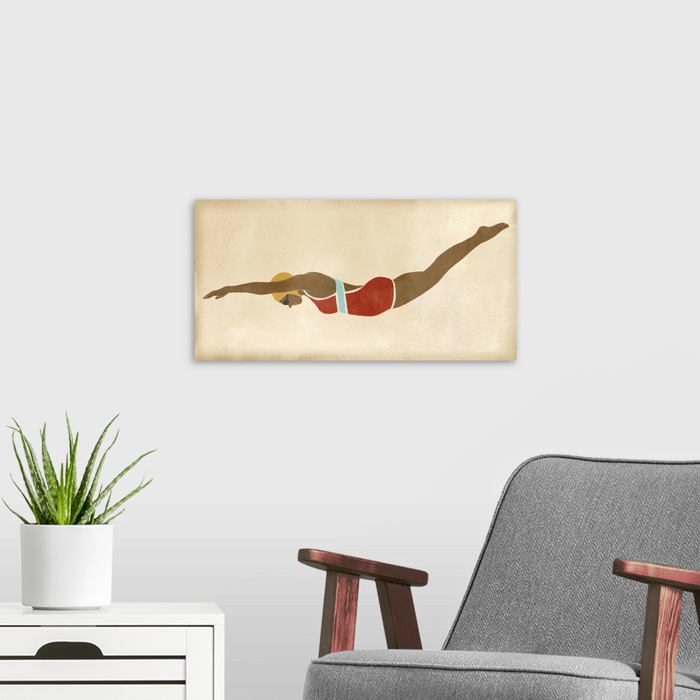 A modern room featuring Vintage style illustration of a woman in a trendy bathing suit in mid-dive.