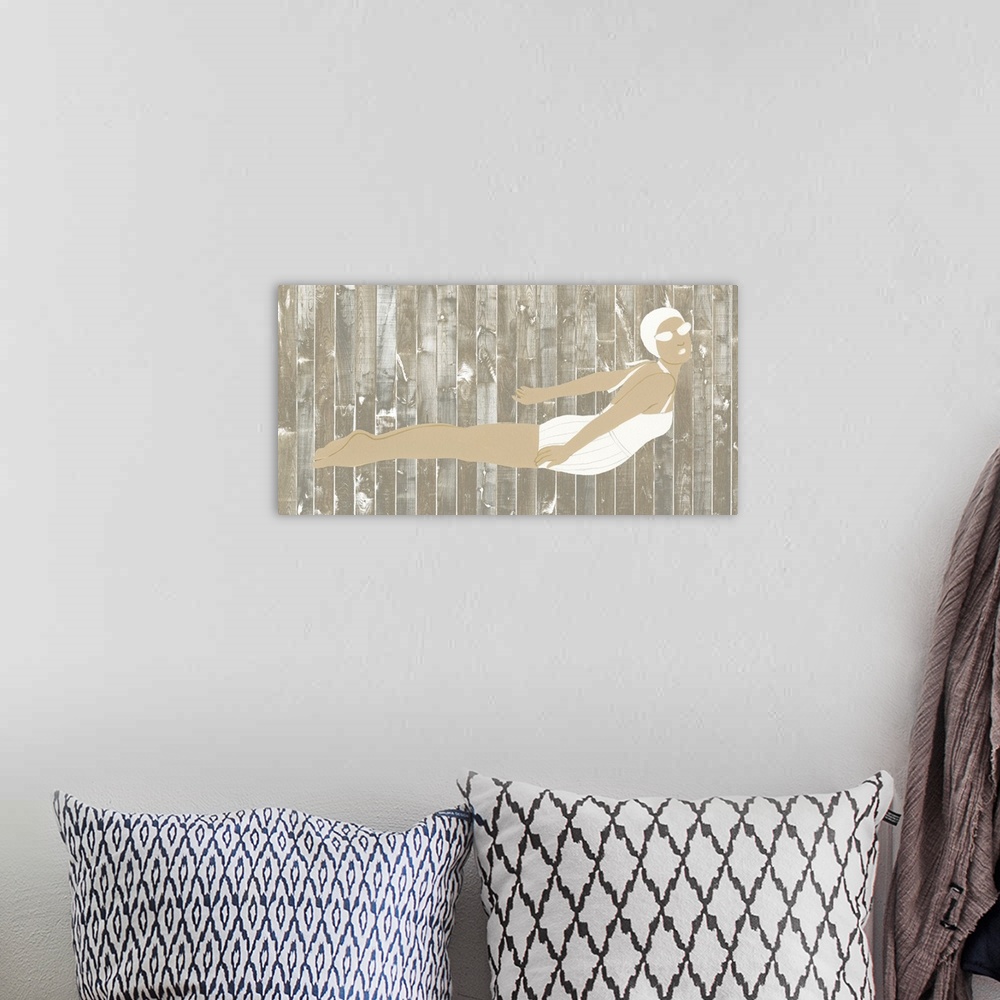 A bohemian room featuring Artwork of a woman in a vintage white swimsuit on a wooden board background.