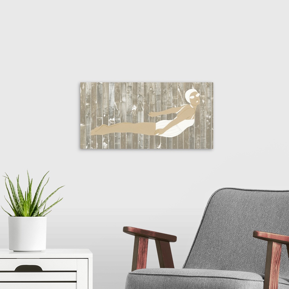 A modern room featuring Artwork of a woman in a vintage white swimsuit on a wooden board background.