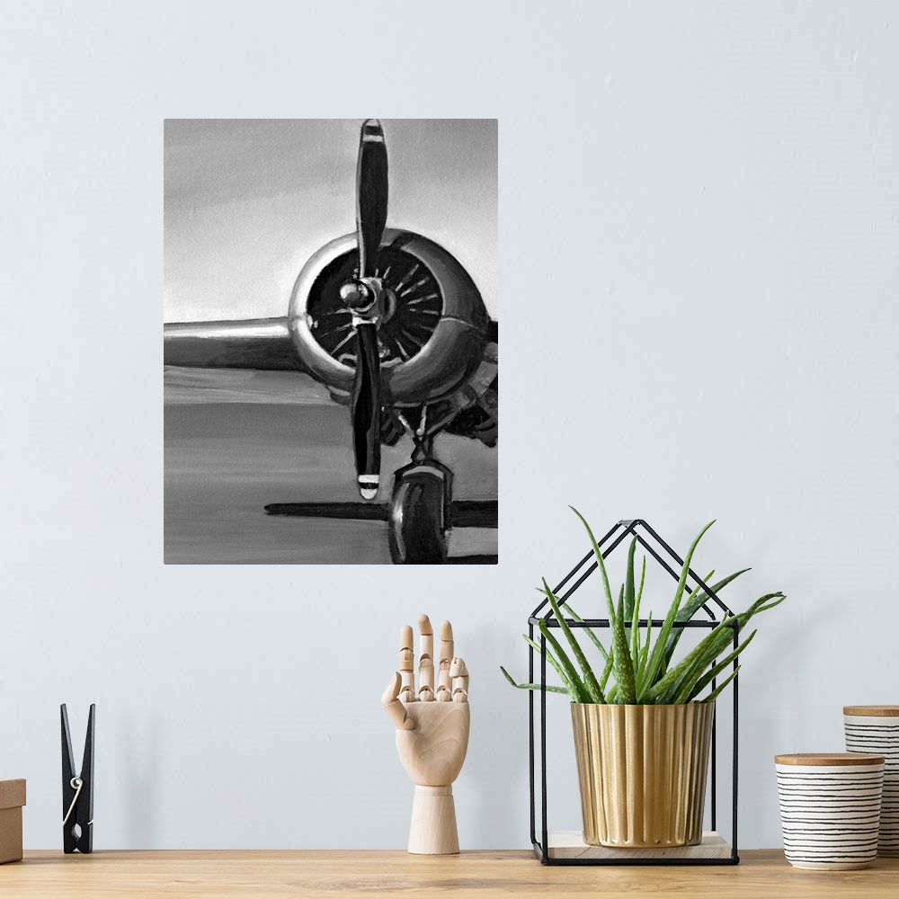 A bohemian room featuring Vertical, oversized artwork of a wing, propeller and wheel on a vintage airplane, casting a shado...