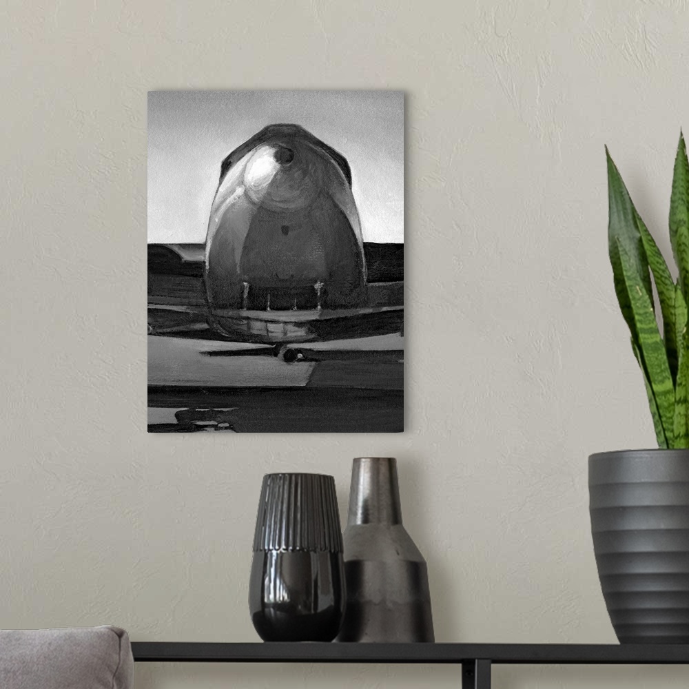 A modern room featuring Big canvas print of an illustration of an antiqued airplane.