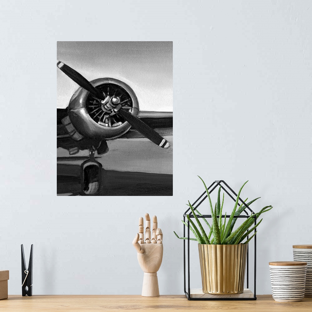 A bohemian room featuring Antique art of an airplane propeller.