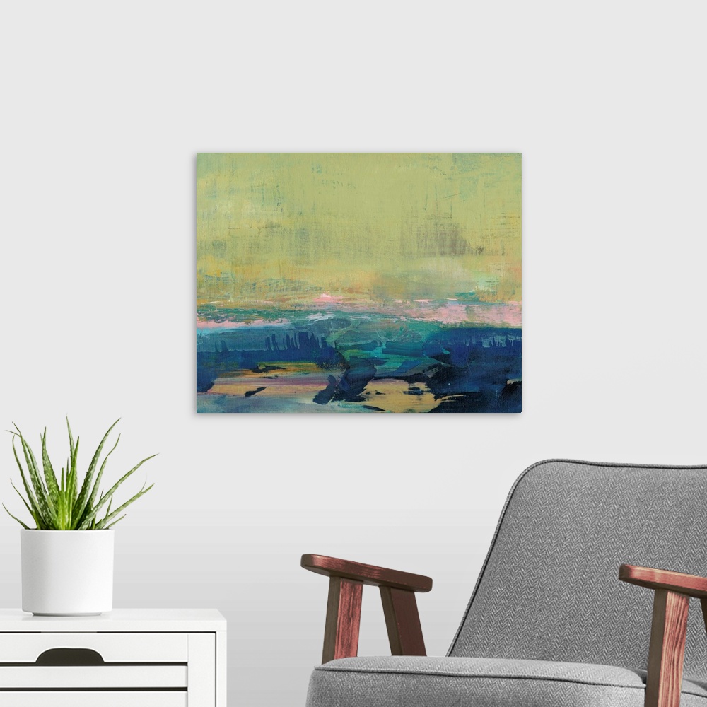A modern room featuring Contemporary abstract painting using a dark green and indigo blue.