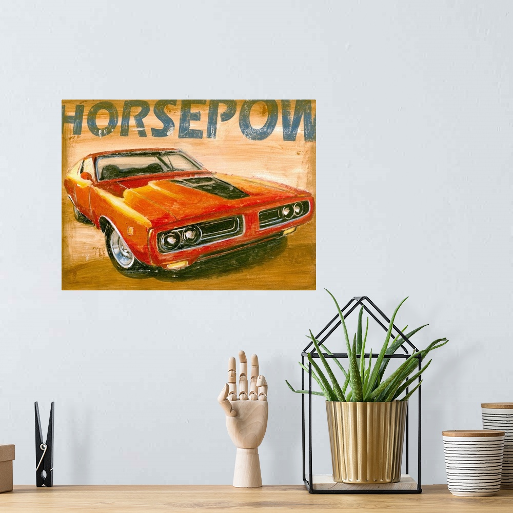 A bohemian room featuring This is a horizontal painting of a muscle car against a neutral backdrop and a portion of the wor...