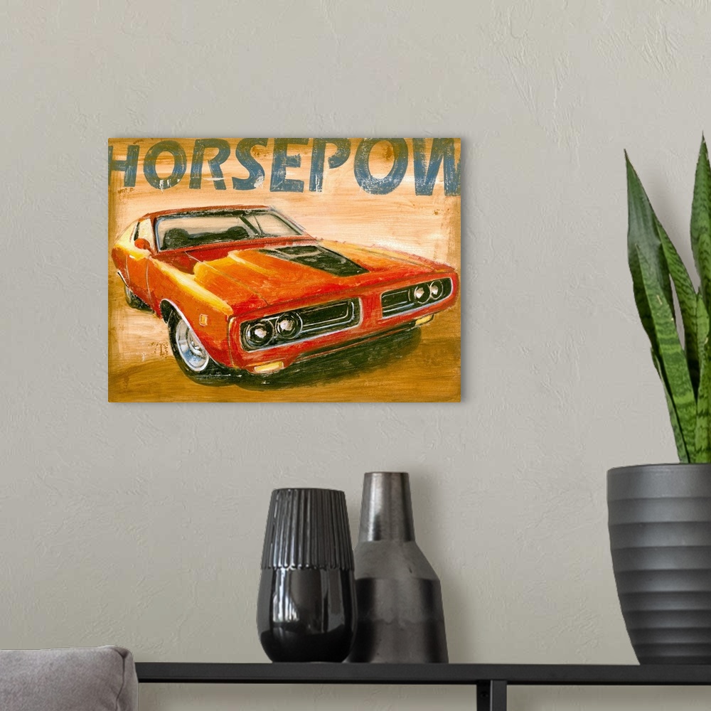 A modern room featuring This is a horizontal painting of a muscle car against a neutral backdrop and a portion of the wor...