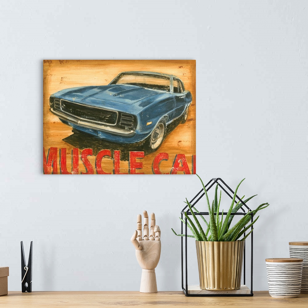 A bohemian room featuring Big canvas painting of a muscle car on top of a grungy background.
