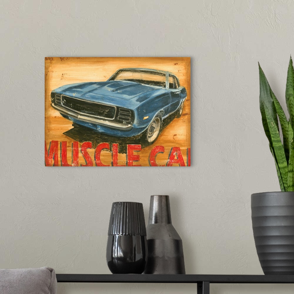 A modern room featuring Big canvas painting of a muscle car on top of a grungy background.