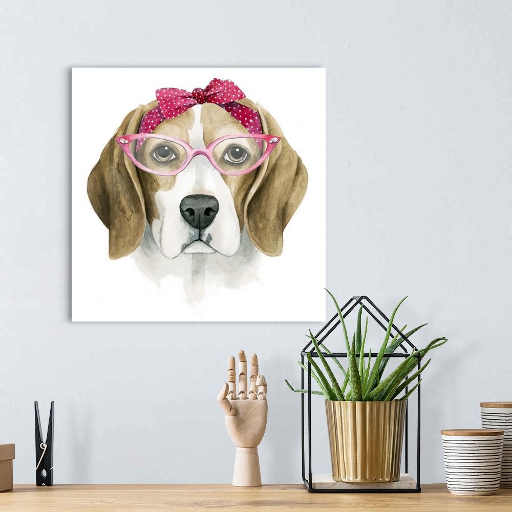 A bohemian room featuring Humorous illustration of a beagle wearing large glasses and a bow.