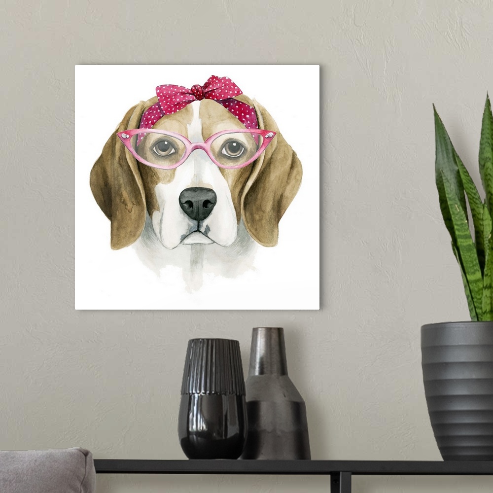 A modern room featuring Humorous illustration of a beagle wearing large glasses and a bow.