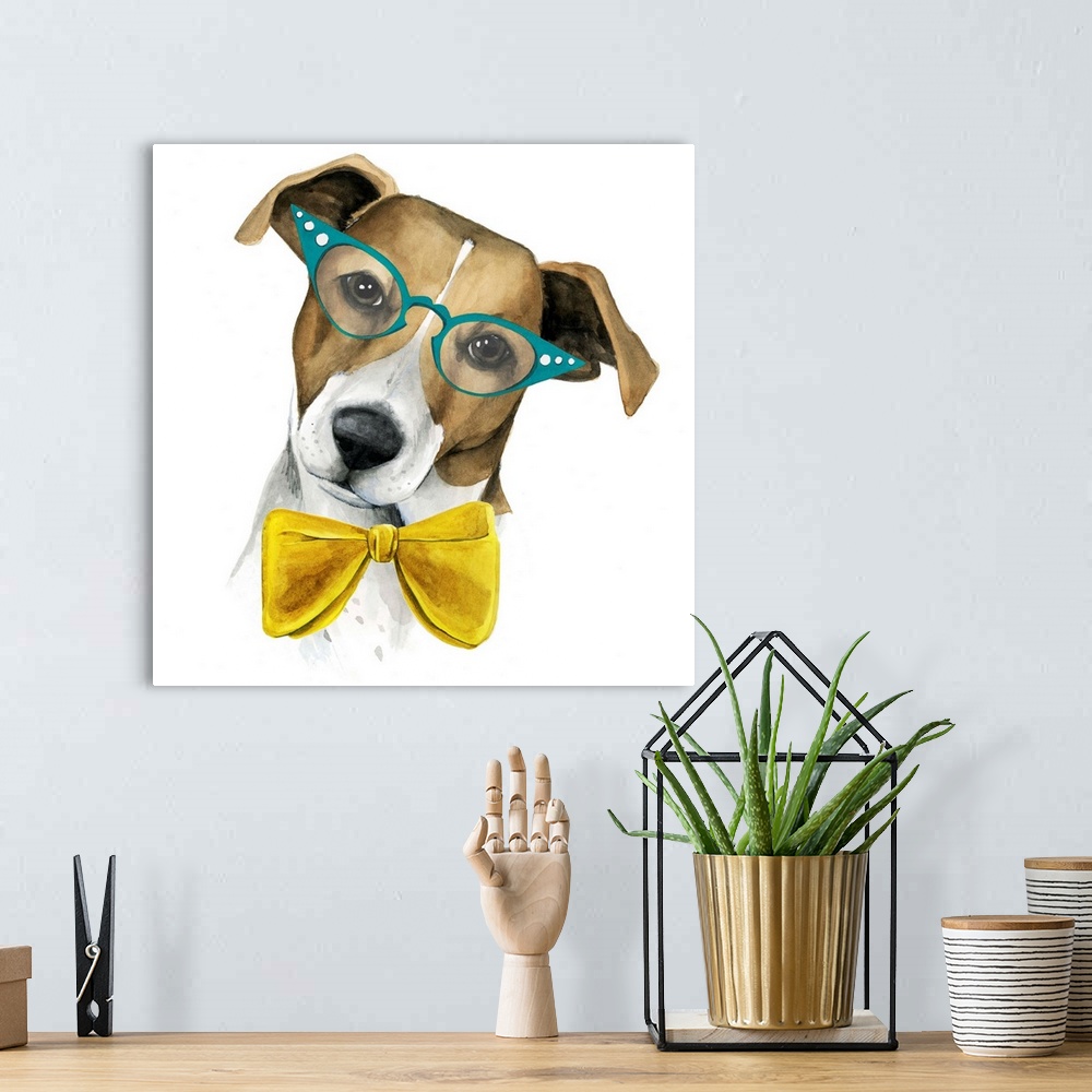 A bohemian room featuring Humorous illustration of a Jack Russel Terrier wearing large glasses and a bow.