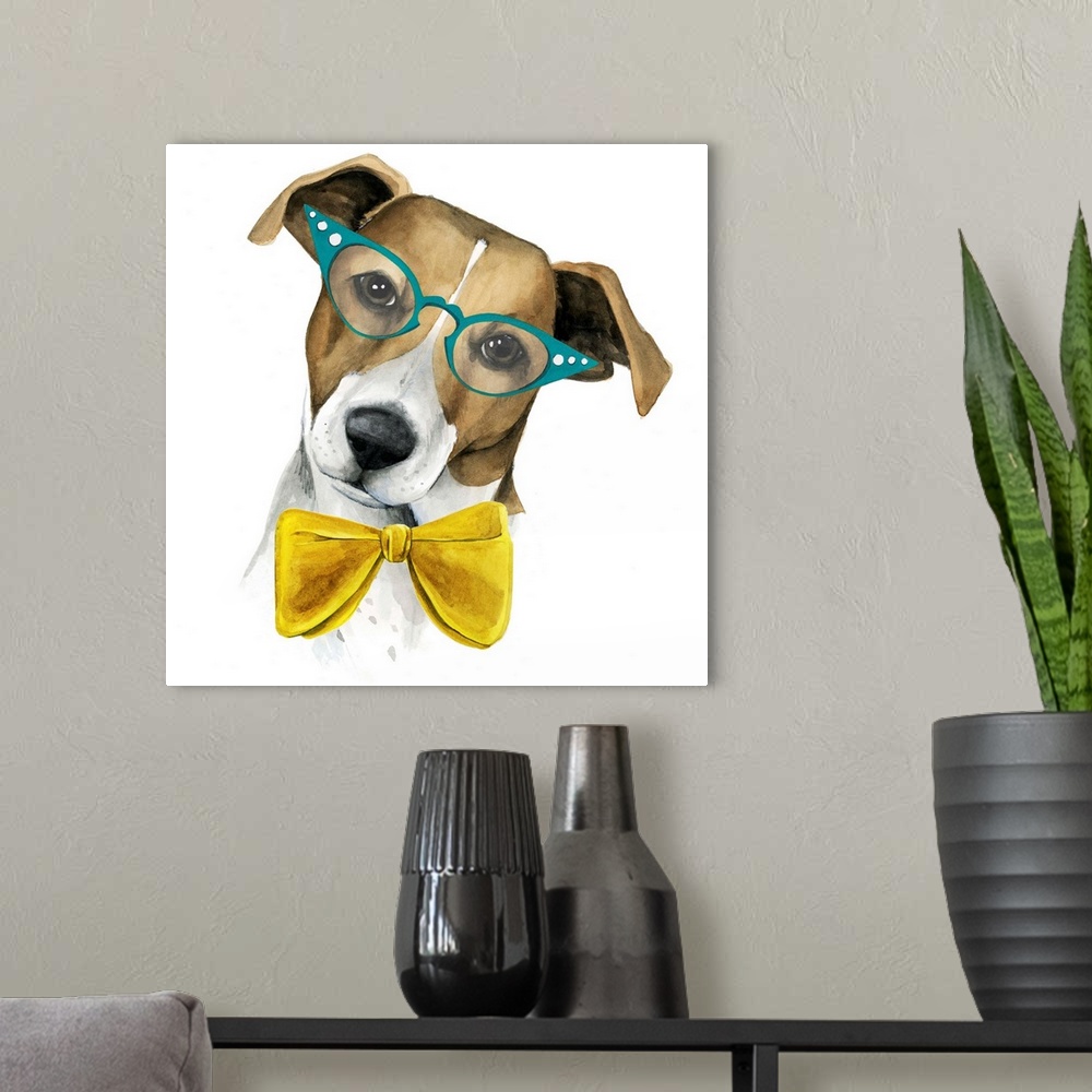 A modern room featuring Humorous illustration of a Jack Russel Terrier wearing large glasses and a bow.