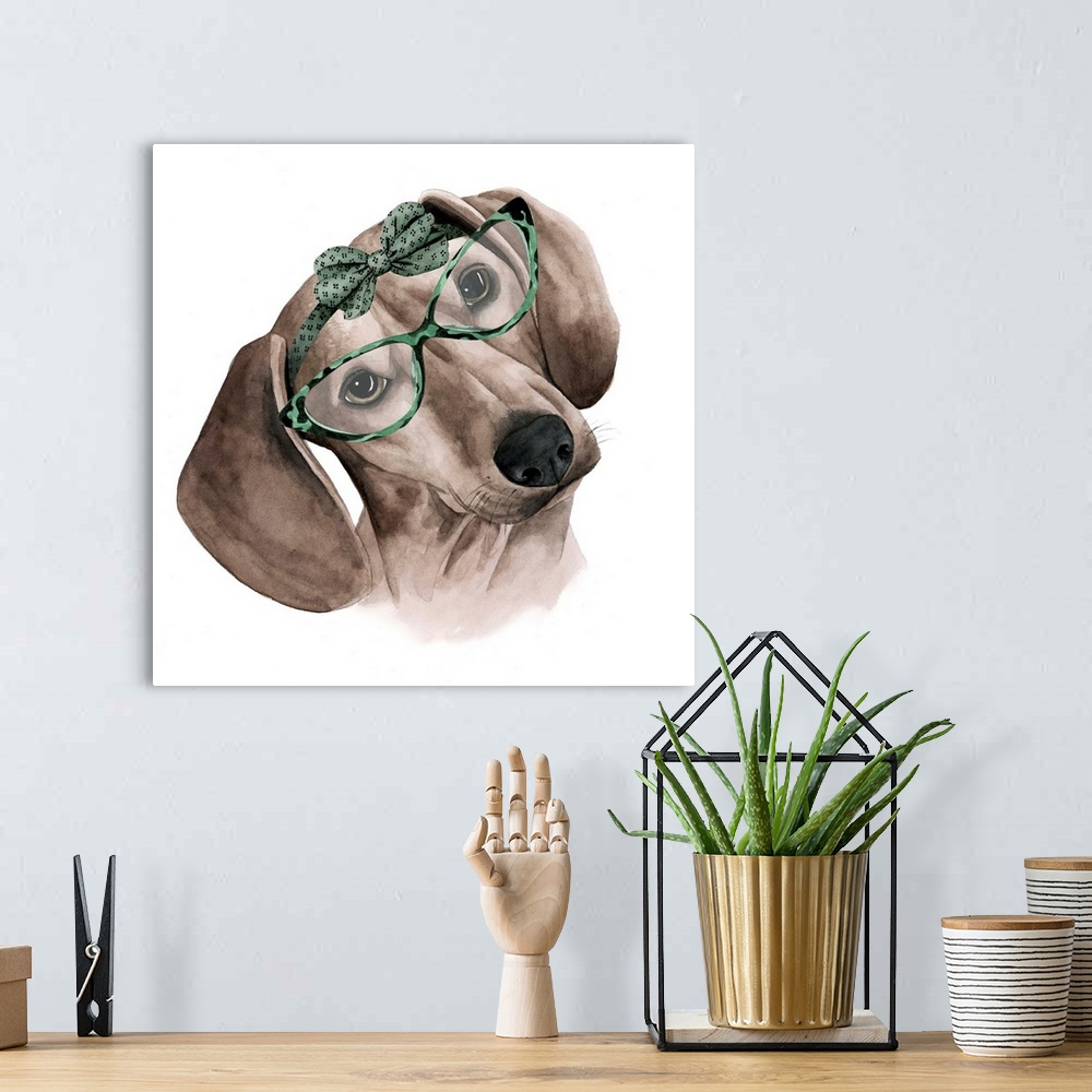 A bohemian room featuring Humorous illustration of a dachshund wearing large glasses and a bow.