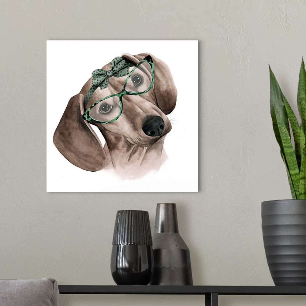 A modern room featuring Humorous illustration of a dachshund wearing large glasses and a bow.