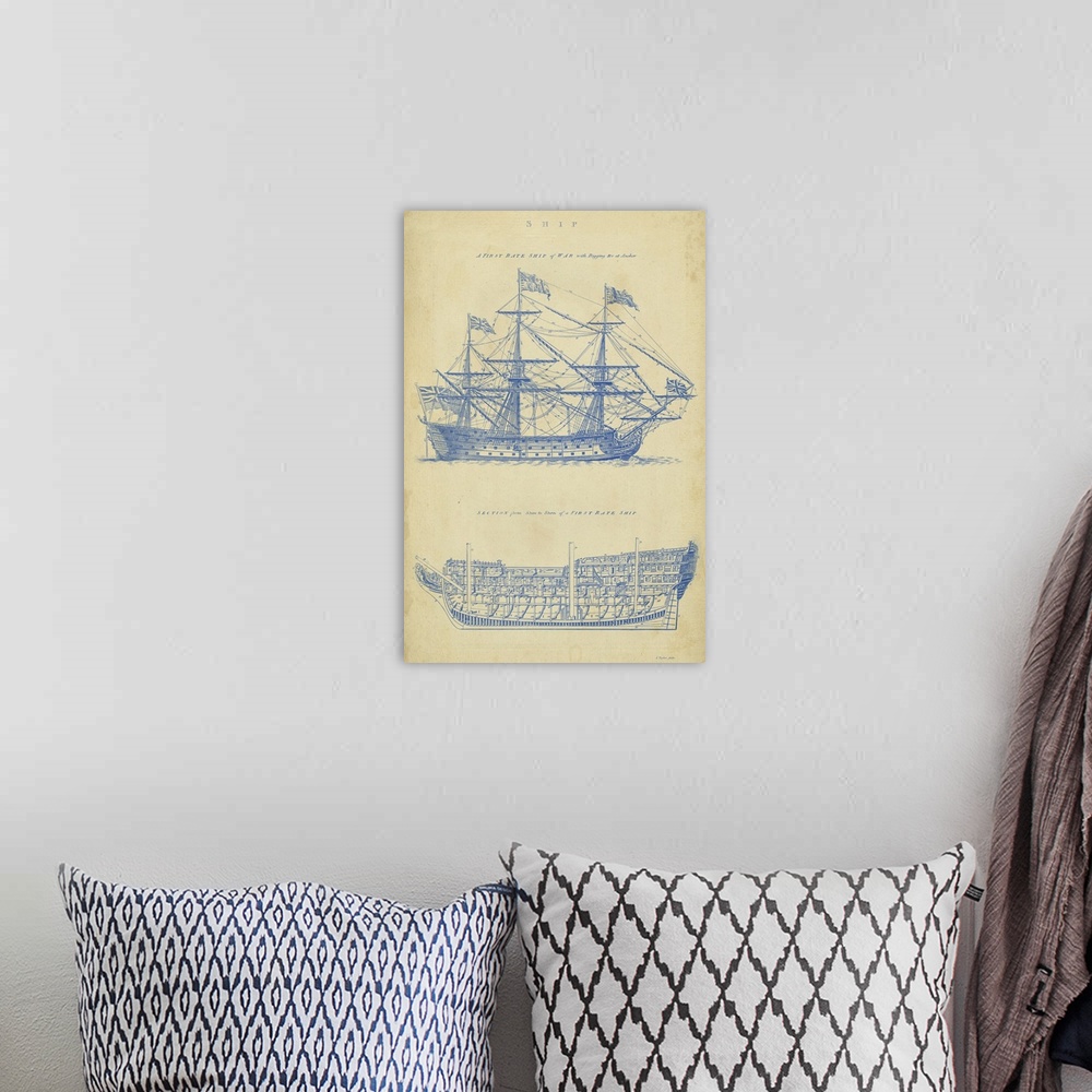 A bohemian room featuring Vintage Ship Blueprint