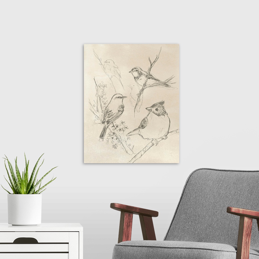 A modern room featuring A vertical illustration of various birds perched on branches in a sketch-like style over a newspr...