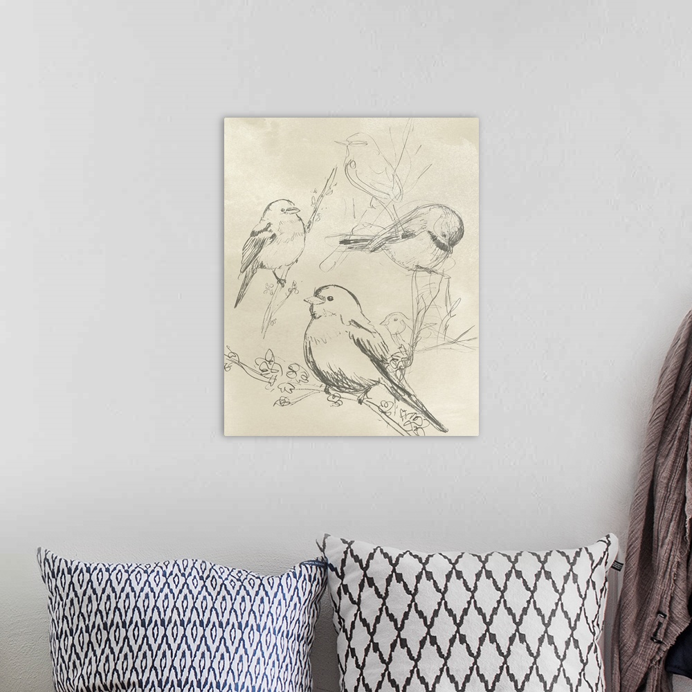 A bohemian room featuring A vertical illustration of various birds perched on branches in a sketch-like style over a newspr...