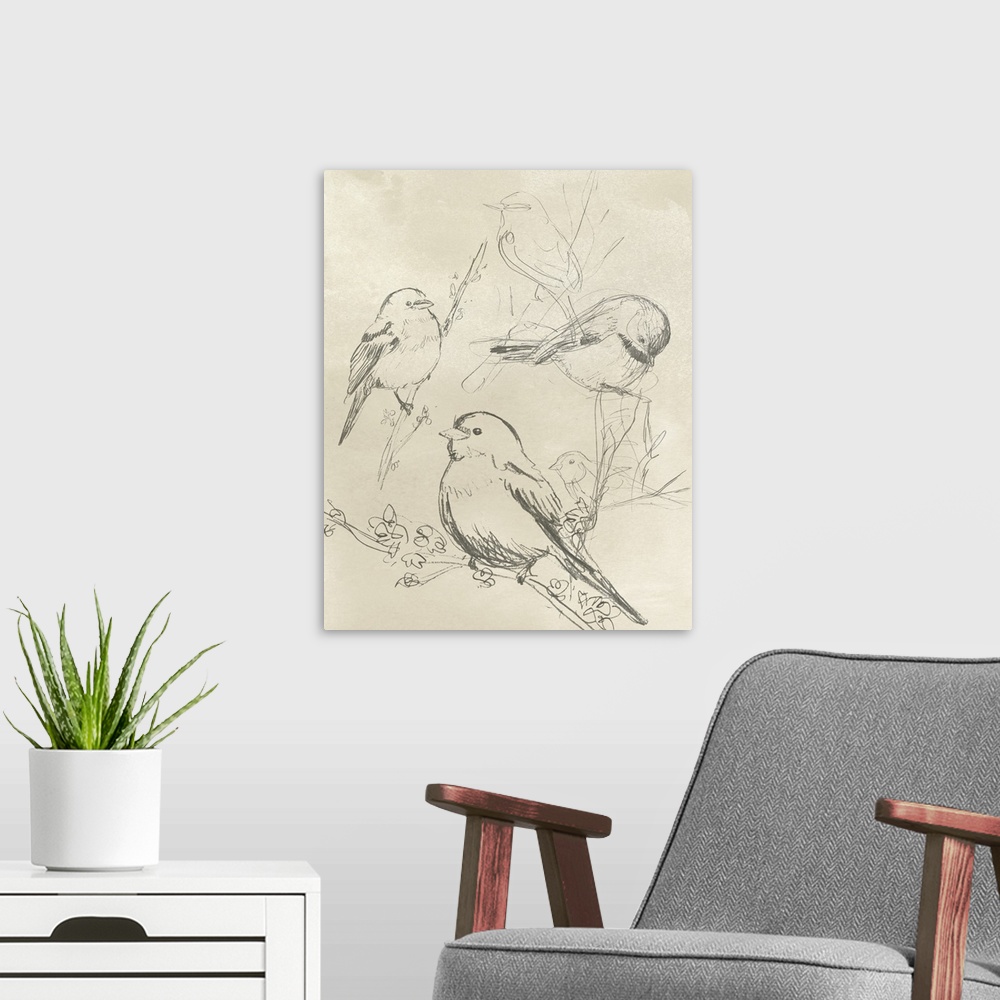 A modern room featuring A vertical illustration of various birds perched on branches in a sketch-like style over a newspr...