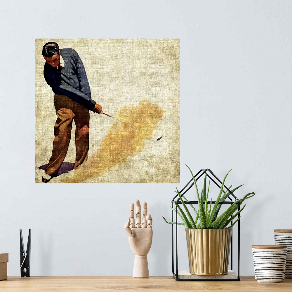 A bohemian room featuring Artwork of golfer putting a ball with his club in mid air painted on a textured surface.