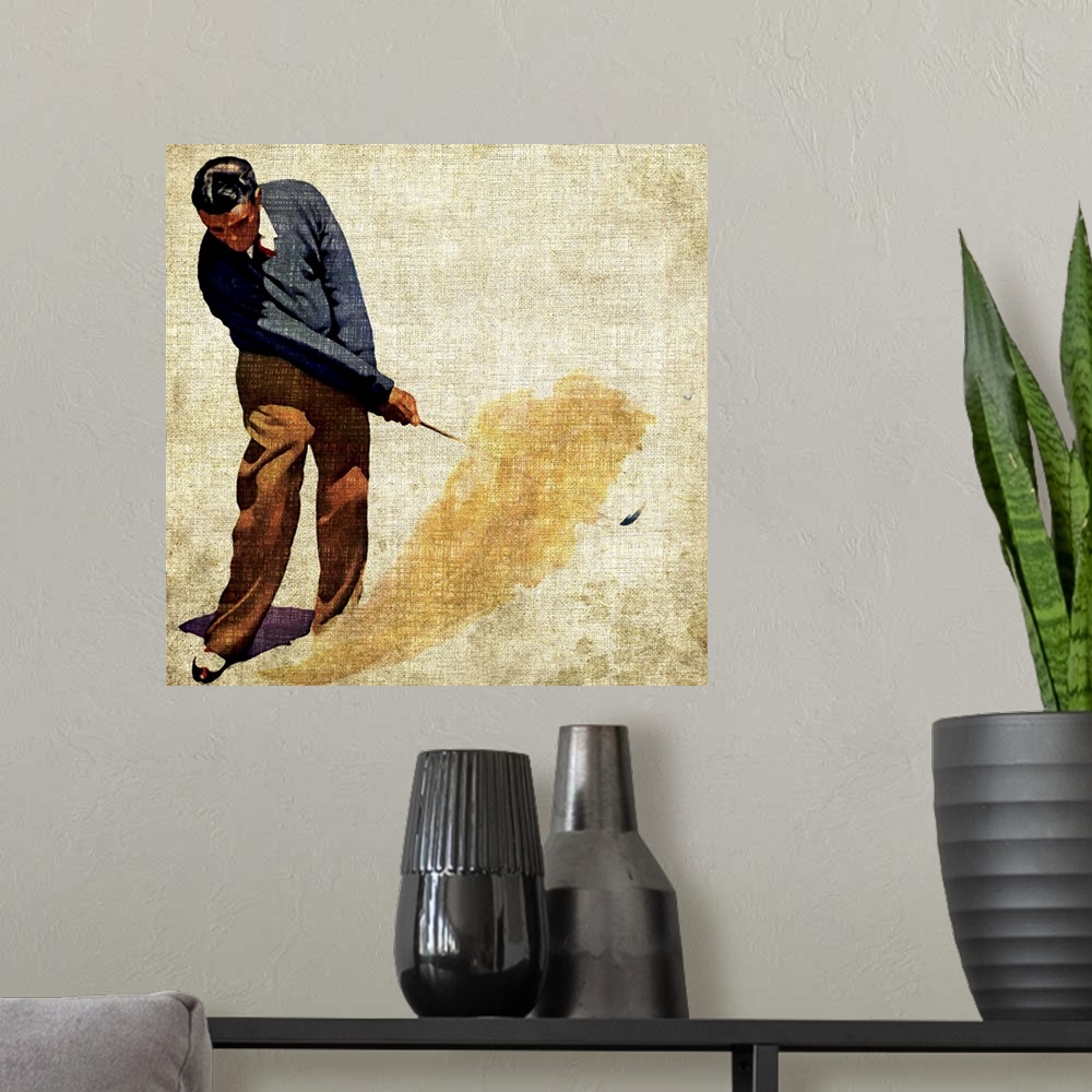 A modern room featuring Artwork of golfer putting a ball with his club in mid air painted on a textured surface.