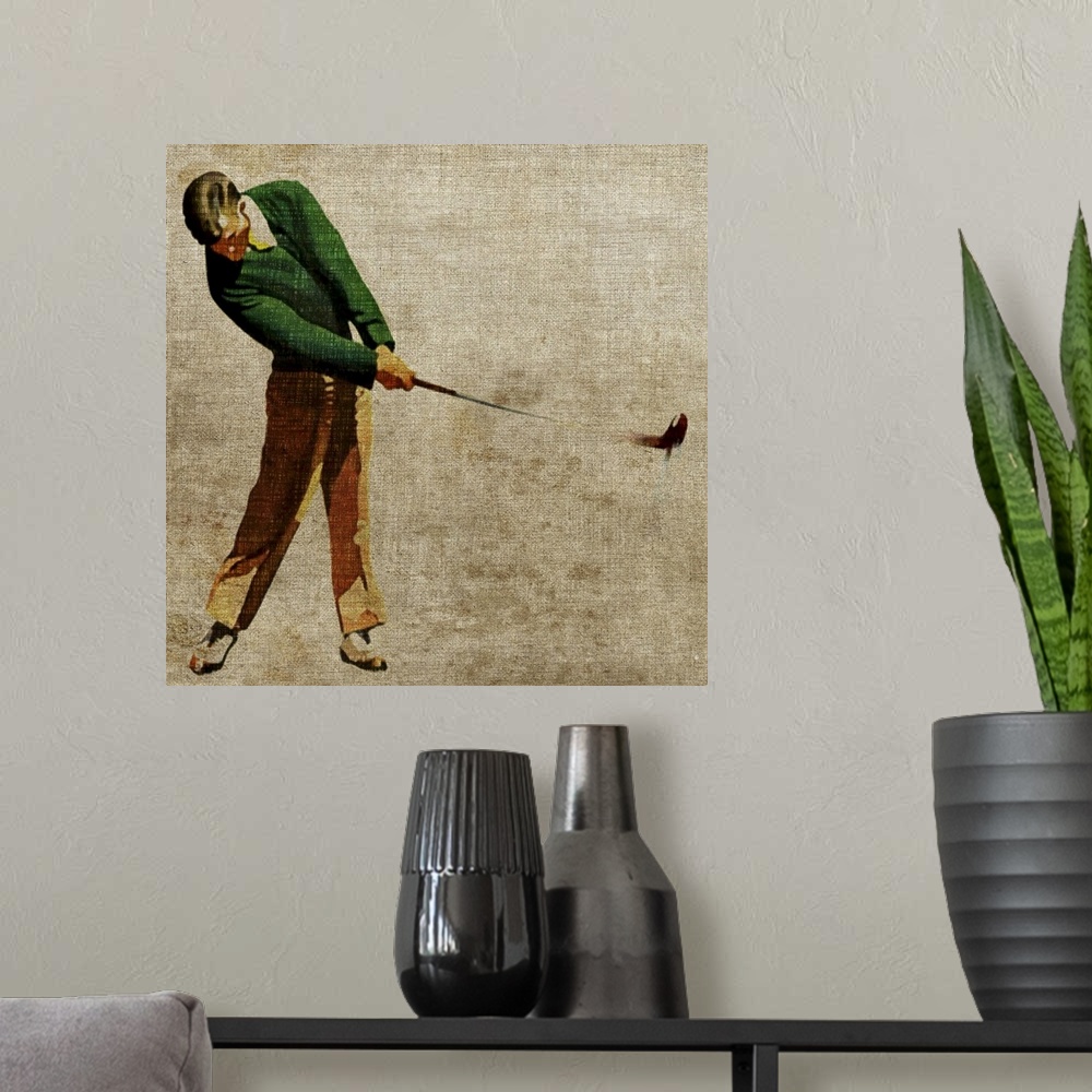 A modern room featuring Square, large, vintage wall picture of a man in slacks and a cardigan swinging a golf club, on a ...