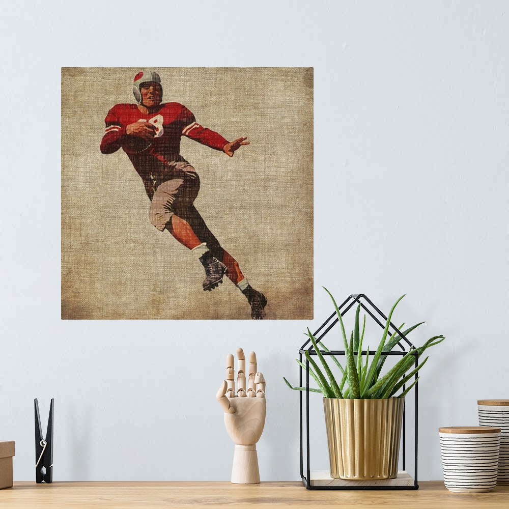 A bohemian room featuring Square canvas of an old styled football player on a grungy background.