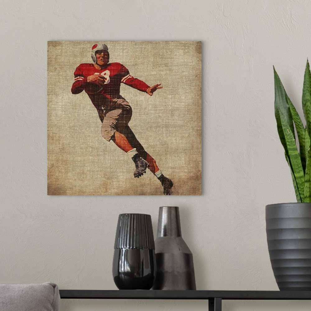 A modern room featuring Square canvas of an old styled football player on a grungy background.