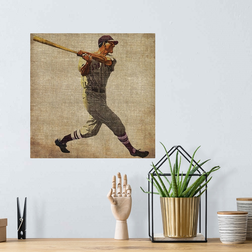 A bohemian room featuring Square shaped decorative accent of a baseball player swinging a bat; this artwork has a rough fab...