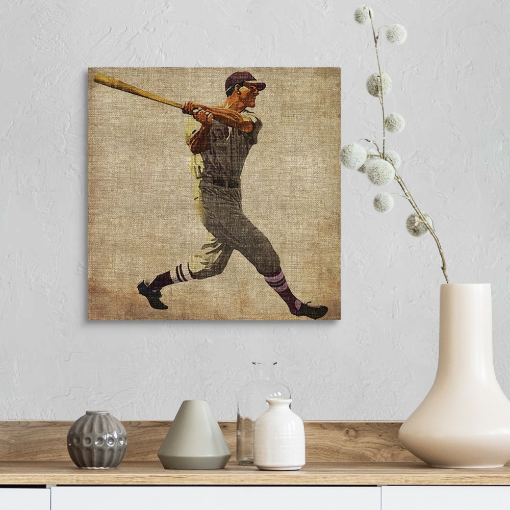 A farmhouse room featuring Square shaped decorative accent of a baseball player swinging a bat; this artwork has a rough fab...