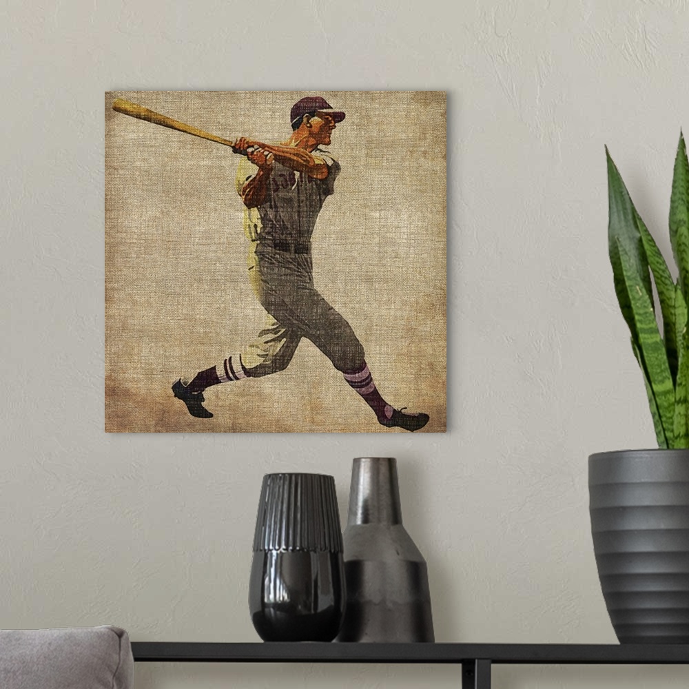 A modern room featuring Square shaped decorative accent of a baseball player swinging a bat; this artwork has a rough fab...