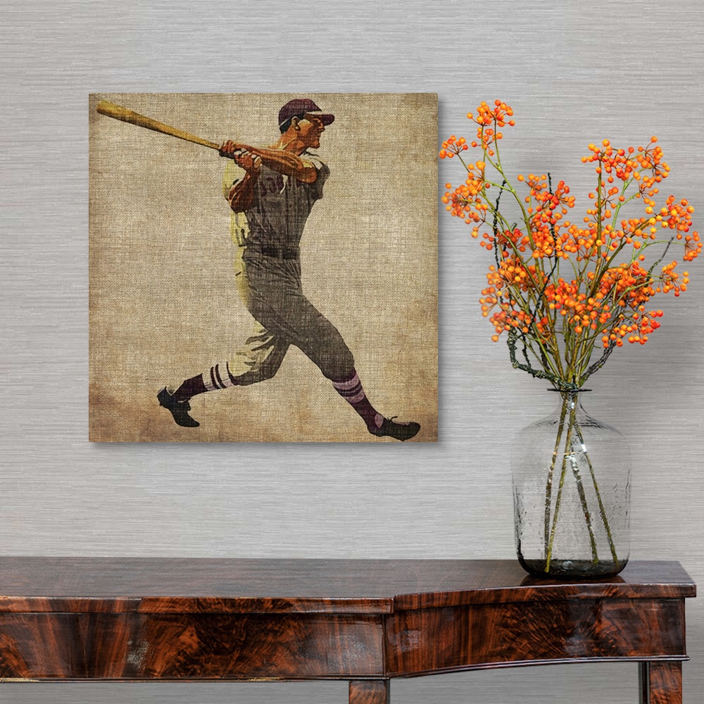 A traditional room featuring Square shaped decorative accent of a baseball player swinging a bat; this artwork has a rough fab...