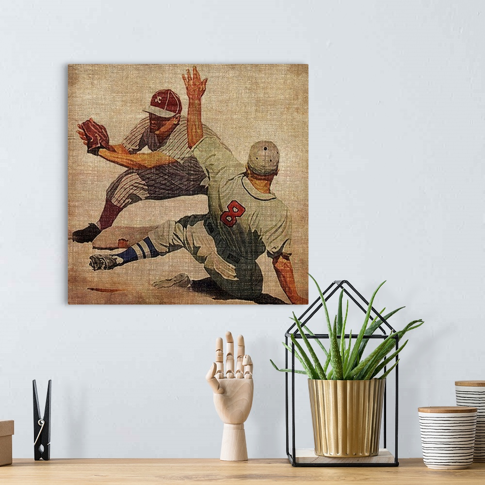 A bohemian room featuring Big antique sports art includes a baseball player preparing to tag out a sliding opposing player ...