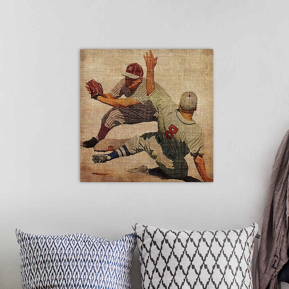 A bohemian room featuring Big antique sports art includes a baseball player preparing to tag out a sliding opposing player ...